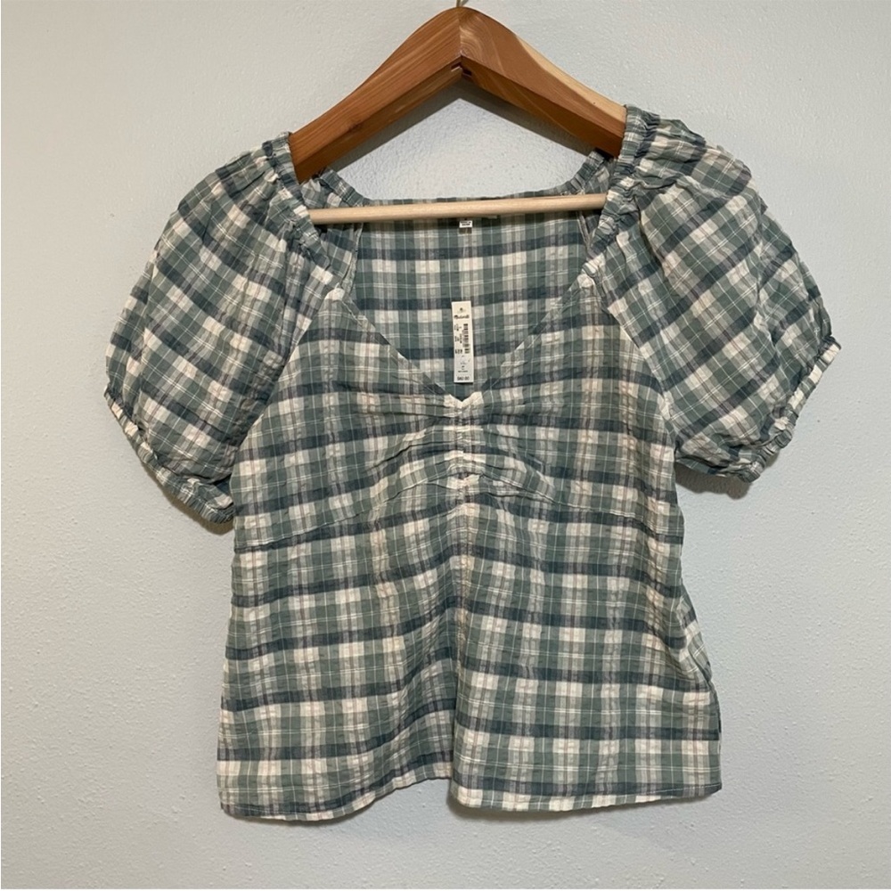 Madewell Plaid Puff-Sleeve Ruched Bodice Top